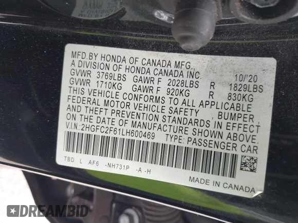 2020 Honda Civic LX z VIN 2HGFC2F61LH600469, wystawiony jako IAAI lot #41958201 z przebiegiem 66 249 mil mil oraz . Historia ofert i sprzedaży dostępna na DreamBid. Obrazek 9.