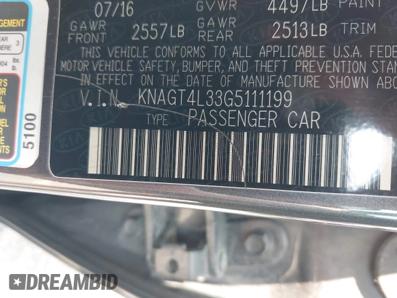 2016 Kia Optima LX with VIN KNAGT4L33G5111199, listed as a IAAI auction lot 42380970 with 97,072 mi miles and . Bid and sale history available at DreamBid. Image 9.