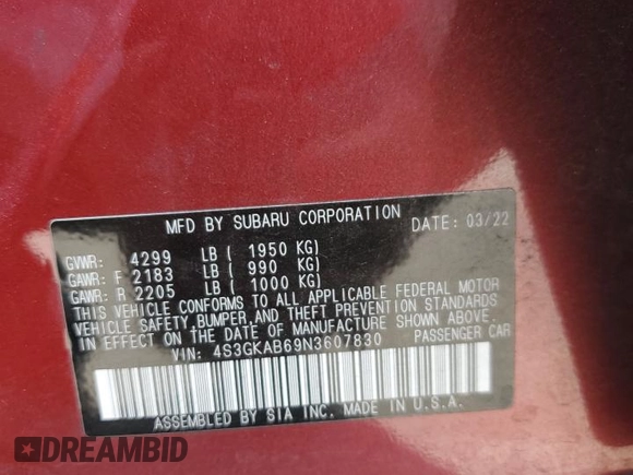 2022 Subaru Impreza with VIN 4S3GKAB69N3607830, listed as a Copart auction lot 61261895 with 36,874 mi miles and Salvage title. Bid and sale history available at DreamBid. Image 12.
