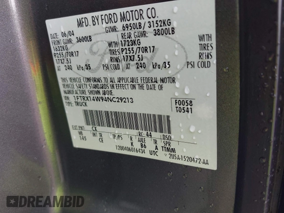 2004 Ford F-150 STX with VIN 1FTRX14W94NC29213, listed as a IAAI auction lot 42241412 with 174,637 mi miles and . Bid and sale history available at DreamBid. Image 9.