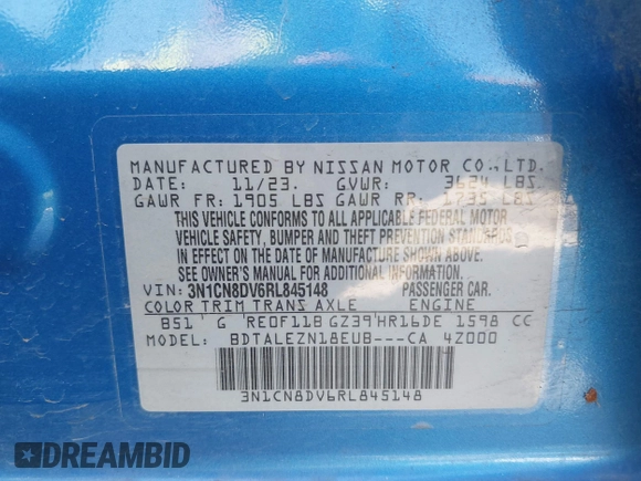 2024 Nissan Versa S z VIN 3N1CN8DV6RL845148, wystawiony jako IAAI lot #41734969 z przebiegiem 24 896 mil mil oraz . Historia ofert i sprzedaży dostępna na DreamBid. Obrazek 9.
