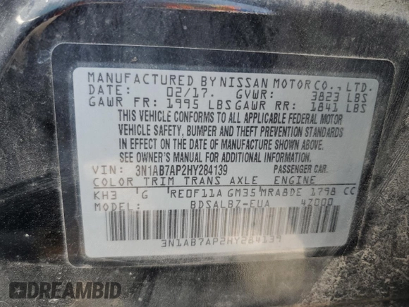 2017 Nissan Sentra S with VIN 3N1AB7AP2HY284139, listed as a Copart auction lot 61198815 with 178,803 mi miles and Salvage title. Bid and sale history available at DreamBid. Image 12.