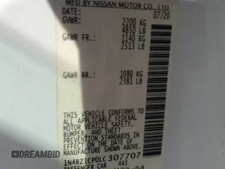 2020 Nissan LEAF SV Plus with VIN 1N4BZ1CP0LC307707, listed as a Copart auction lot 48912355 with 26,348 mi miles and Salvage Title. Bid and sale history available at DreamBid. Image 13.