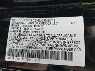2024 Honda Accord Touring with VIN 1HGCY2F83RA080322, listed as a IAAI auction lot 42197386 with Not provided miles and . Bid and sale history available at DreamBid. Image 9.