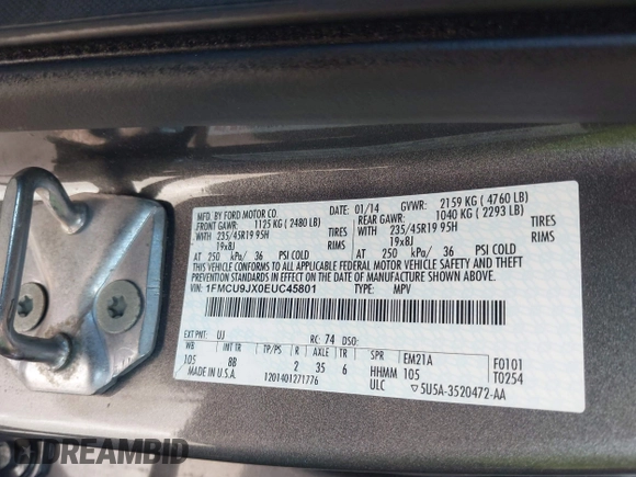 2014 Ford Escape Titanium with VIN 1FMCU9JX0EUC45801, listed as a IAAI auction lot 42121561 with 80,217 mi miles and . Bid and sale history available at DreamBid. Image 9.