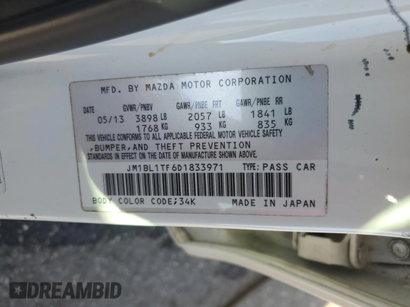 2013 Mazda 3 i SV with VIN JM1BL1TF6D1833971, listed as a Copart auction lot 49429515 with Not Provided miles and Salvage Title. Bid and sale history available at DreamBid. Image 12.