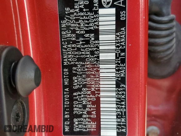 2016 Toyota Corolla L with VIN 2T1BURHE2GC716738, listed as a Copart auction lot 55645194 with 87,305 mi miles and Salvage title. Bid and sale history available at DreamBid. Image 12.