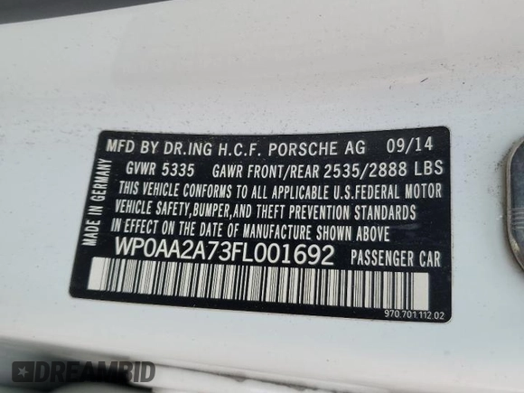 2015 Porsche Panamera 4 z VIN WP0AA2A73FL001692, wystawiony jako Copart lot #51846225 z przebiegiem Nie podano mil oraz Szkoda całkowita • Salvage title. Historia ofert i sprzedaży dostępna na DreamBid. Obrazek 12.