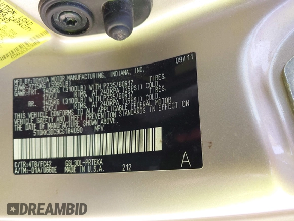 2012 Toyota Sienna LE AAS with VIN 5TDKK3DC9CS184090, listed as a IAAI auction lot 42123891 with 162,065 mi miles. Bid and sale history available at carsss.com. Image 9.
