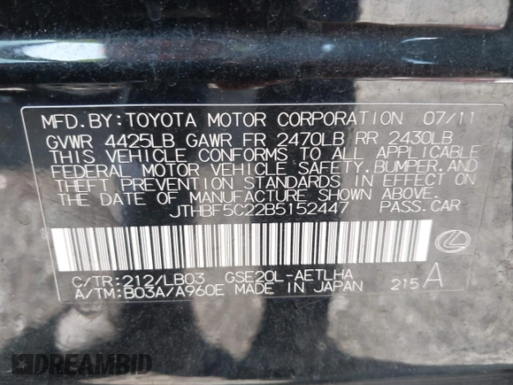 2011 Lexus IS 250 with VIN JTHBF5C22B5152447, listed as a IAAI auction lot 42445752 with 194,655 mi miles and . Bid and sale history available at DreamBid. Image 9.