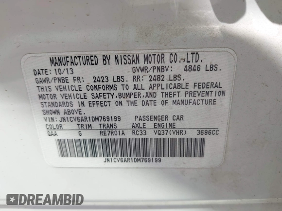 2013 Infiniti G37 x z VIN JN1CV6AR1DM769199, wystawiony jako IAAI lot #42258256 z przebiegiem Nie podano mil oraz . Historia ofert i sprzedaży dostępna na DreamBid. Obrazek 9.