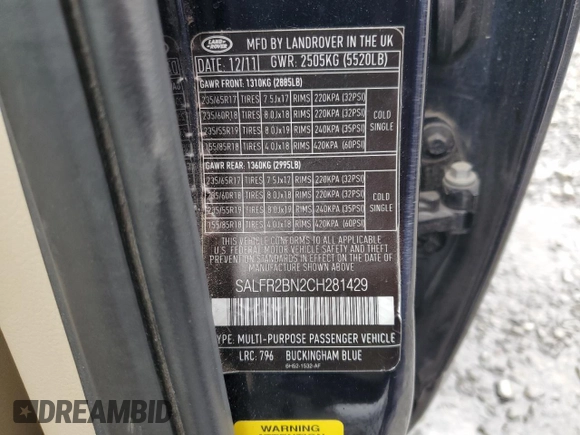2012 Land Rover LR2 HSE with VIN SALFR2BN2CH281429, listed as a Copart auction lot 52368825 with 115,339 mi miles and Salvage title. Bid and sale history available at DreamBid. Image 13.
