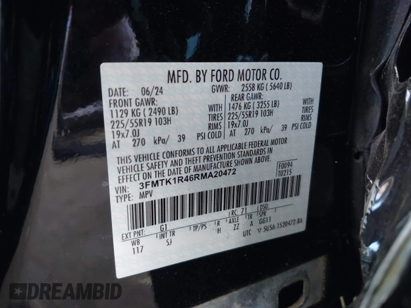 2024 Ford Mustang Mach-E Select with VIN 3FMTK1R46RMA20472, listed as a IAAI auction lot 41699699 with 5,204 mi miles and . Bid and sale history available at DreamBid. Image 9.