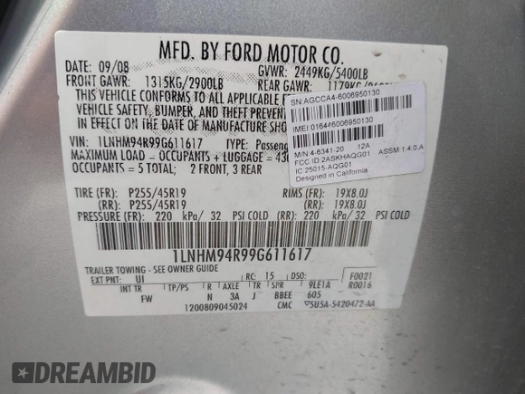 2009 Lincoln MKS с VIN 1LNHM94R99G611617, выставлен на аукционе IAAI как лот 42288299 с пробегом 115 320 миль миль и . История ставок и продаж доступна на DreamBid. Изображение 9.