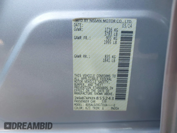 2014 Nissan Sentra SV with VIN 1N4AB7APXEN855243, listed as a IAAI auction lot 42554028 with 161,671 mi miles and . Bid and sale history available at DreamBid. Image 9.