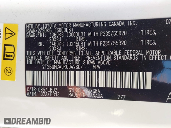 2019 Lexus RX with VIN 2T2BGMCA9KC042607, listed as a IAAI auction lot 41755003 with 91,092 mi miles. Bid and sale history available at carsss.com. Image 9.