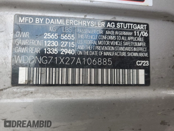 2007 Mercedes-Benz S 550 with VIN WDDNG71X27A106885, listed as a Copart auction lot 54573435 with 182,539 mi miles and Salvage title. Bid and sale history available at DreamBid. Image 12.