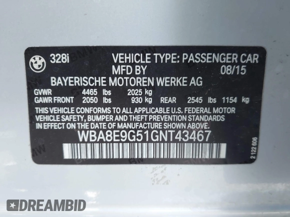 2016 BMW 3 Series 328i with VIN WBA8E9G51GNT43467, listed as a IAAI auction lot 41963657 with 89,387 mi miles. Bid and sale history available at carsss.com. Image 9.