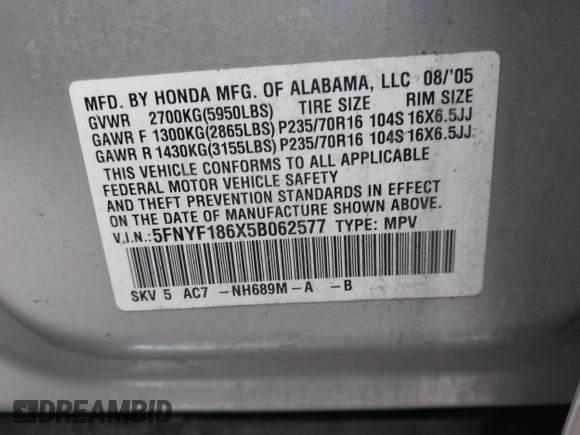 2005 Honda Pilot EX-L with RES with VIN 5FNYF186X5B062577, listed as a IAAI auction lot 42018093 with 209,321 mi miles. Bid and sale history available at carsss.com. Image 9.