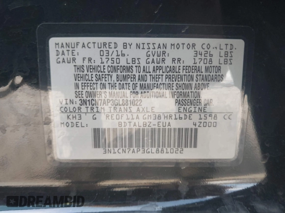 2016 Nissan Versa SV with VIN 3N1CN7AP3GL881022, listed as a IAAI auction lot 42561100 with 123,534 mi miles and . Bid and sale history available at DreamBid. Image 9.