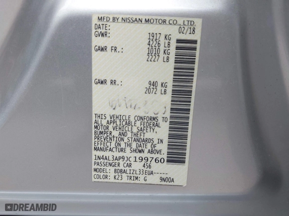 2018 Nissan Altima 2.5 SL with VIN 1N4AL3AP9JC199760, listed as a IAAI auction lot 41449452 with 130,233 mi miles. Bid and sale history available at carsss.com. Image 9.