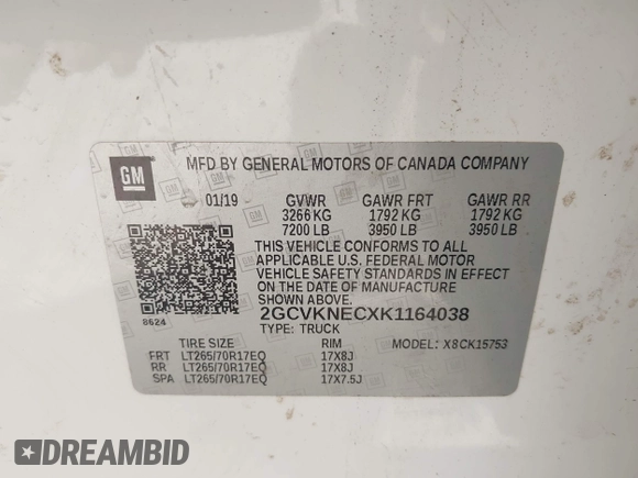 2019 Chevrolet Silverado 1500 Work Truck with VIN 2GCVKNECXK1164038, listed as a IAAI auction lot 42221545 with 48,464 mi miles and . Bid and sale history available at DreamBid. Image 9.