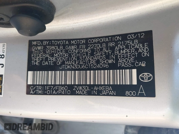 2012 Toyota Prius One with VIN JTDKN3DU6C1524096, listed as a IAAI auction lot 41938316 with 193,907 mi miles and . Bid and sale history available at DreamBid. Image 9.