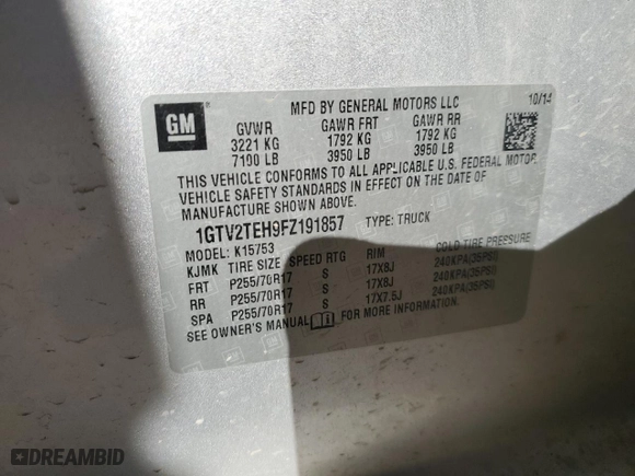 2015 GMC Sierra 1500 with VIN 1GTV2TEH9FZ191857, listed as a Copart auction lot 45037065 with 289,979 mi miles and Salvage Title. Bid and sale history available at carsss.com. Image 14.