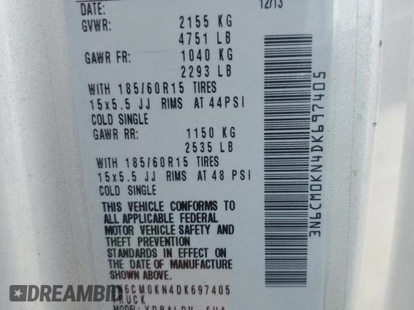 2013 Nissan NV200 SV with VIN 3N6CM0KN4DK697405, listed as a Copart auction lot 53527685 with 174,268 mi miles and Salvage Title. Bid and sale history available at carsss.com. Image 12.