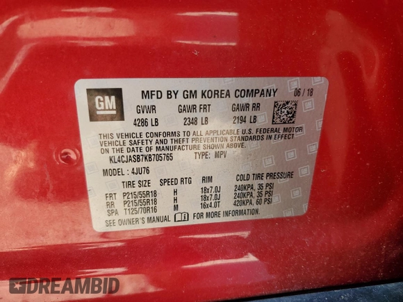 2019 Buick Encore Preferred with VIN KL4CJASB7KB705765, listed as a Copart auction lot 85060254 with 75,988 mi miles and Salvage Title. Bid and sale history available at carsss.com. Image 13.