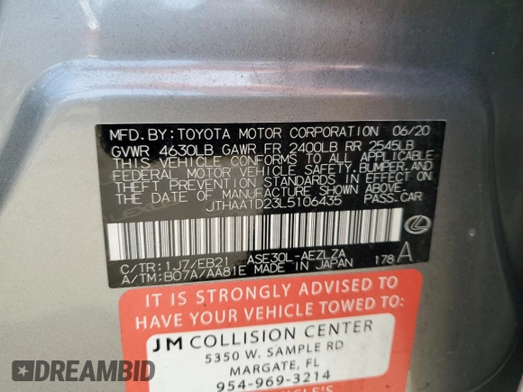 2020 Lexus IS 300 z VIN JTHAA1D23L5106435, wystawiony jako Copart lot #59883055 z przebiegiem 50 358 mil mil oraz Szkoda całkowita • Salvage title. Historia ofert i sprzedaży dostępna na DreamBid. Obrazek 12.