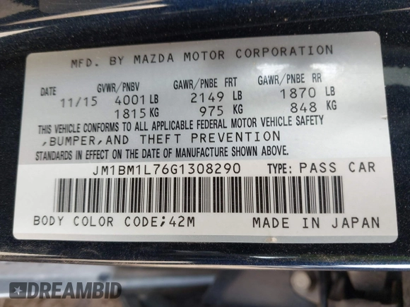 2016 Mazda 3 i Touring with VIN JM1BM1L76G1308290, listed as a IAAI auction lot 41924847 with 146,218 mi miles and . Bid and sale history available at DreamBid. Image 9.