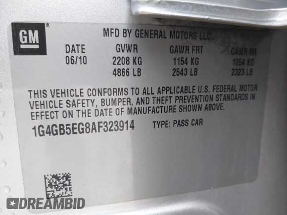 2010 Buick LaCrosse CX with VIN 1G4GB5EG8AF323914, listed as a IAAI auction lot 41766929 with 161,464 mi miles and . Bid and sale history available at DreamBid. Image 9.