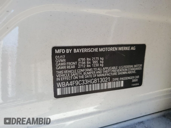 2017 BMW 4 Series 430i xDrive with VIN WBA4F9C33HG813021, listed as a Copart auction lot 63780845 with 69,520 mi miles and Salvage title. Bid and sale history available at DreamBid. Image 12.