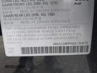 2016 Audi Q5 Premium Plus with VIN WA1L2AFP5GA130873, listed as a IAAI auction lot 41479011 with 84,828 mi miles. Bid and sale history available at carsss.com. Image 9.