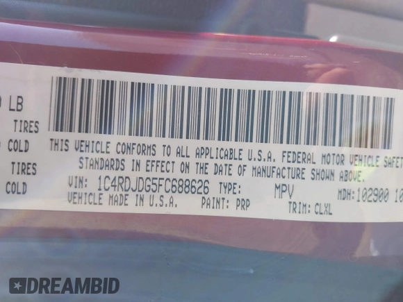 2015 Dodge Durango Limited with VIN 1C4RDJDG5FC688626, listed as a IAAI auction lot 41734454 with 156,869 mi miles and . Bid and sale history available at DreamBid. Image 9.
