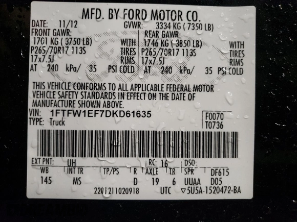 2013 Ford F-150 XL с VIN 1FTFW1EF7DKD61635, выставлен на аукционе Copart как лот 49081274 с пробегом 223 902 миль миль и На запчасти • Non repairable. История ставок и продаж доступна на DreamBid. Изображение 12.