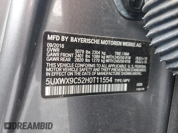 2017 BMW X3 xDrive28i with VIN 5UXWX9C52H0T11554, listed as a Copart auction lot 50322515 with Not Provided miles and Clean Title. Bid and sale history available at DreamBid. Image 14.