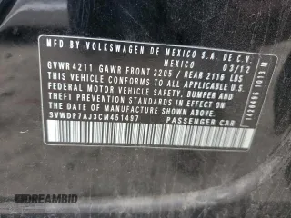 2012 Volkswagen Jetta SE with VIN 3VWDP7AJ3CM451497, listed as a Copart auction lot 58322715 with 180,266 mi miles and Salvage title. Bid and sale history available at DreamBid. Image 13.