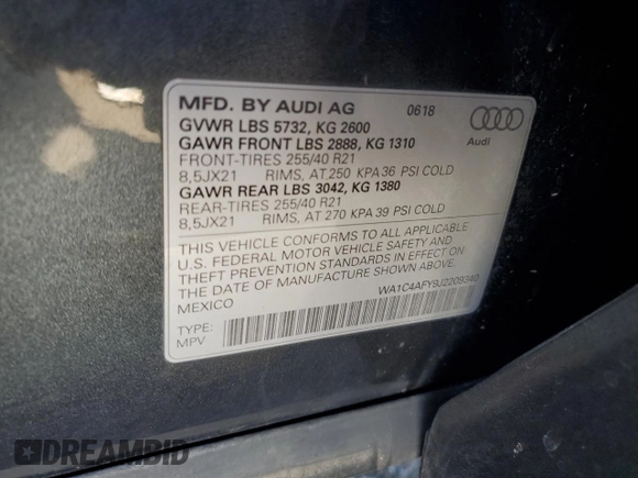 2018 Audi SQ5 Prestige with VIN WA1C4AFY9J2209340, listed as a Copart auction lot 75525344 with 77,522 mi miles and Salvage Title. Bid and sale history available at DreamBid. Image 14.