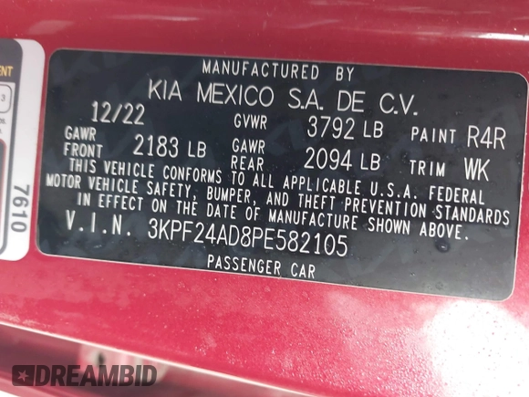 2023 Kia Forte LXS z VIN 3KPF24AD8PE582105, wystawiony jako IAAI lot #42366608 z przebiegiem 61 455 mil mil oraz . Historia ofert i sprzedaży dostępna na DreamBid. Obrazek 9.
