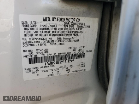 2009 Ford Taurus Limited with VIN 1FAHP25W89G111249, listed as a Copart auction lot 62951915 with 260,069 mi miles and Salvage title. Bid and sale history available at DreamBid. Image 12.