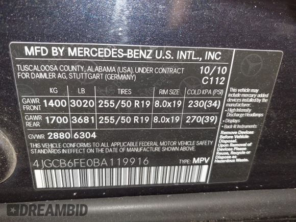 2011 Mercedes-Benz R 350 with VIN 4JGCB6FE0BA119916, listed as a IAAI auction lot 42553464 with 149,201 mi miles and . Bid and sale history available at DreamBid. Image 9.