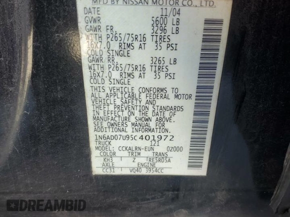 2005 Nissan Frontier LE z VIN 1N6AD07U95C401972, wystawiony jako Copart lot #48394485 z przebiegiem 302 912 mil mil oraz Szkoda całkowita • Salvage title. Historia ofert i sprzedaży dostępna na DreamBid. Obrazek 13.