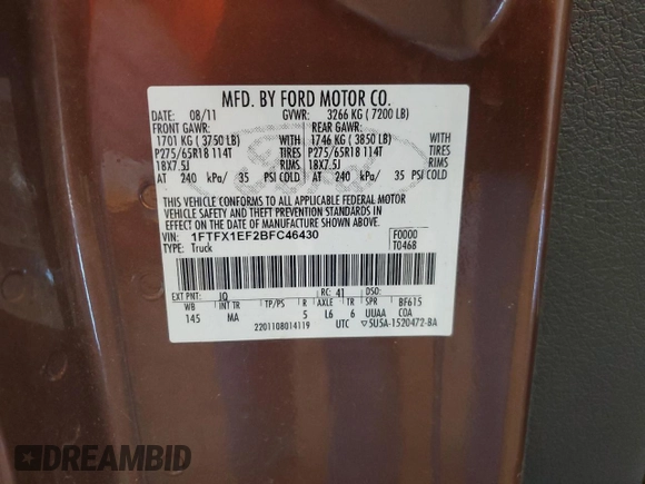 2011 Ford F-150 XL with VIN 1FTFX1EF2BFC46430, listed as a Copart auction lot 61585565 with 100,840 mi miles and Clean title. Bid and sale history available at DreamBid. Image 13.