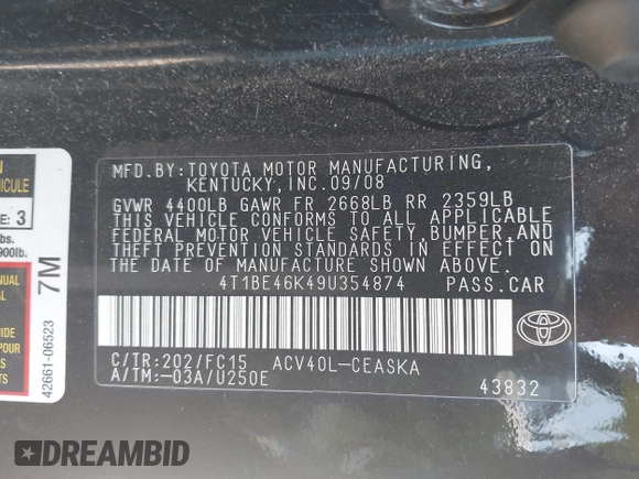 2009 Toyota Camry with VIN 4T1BE46K49U354874, listed as a IAAI auction lot 42048054 with 307,978 mi miles. Bid and sale history available at carsss.com. Image 9.