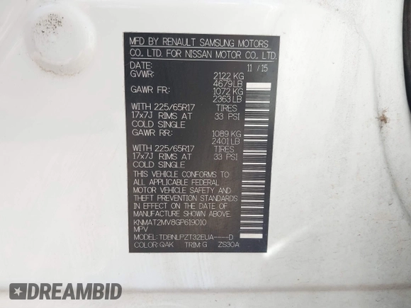 2016 Nissan Rogue SV with VIN KNMAT2MV8GP619010, listed as a IAAI auction lot 40618797 with 201,515 mi miles. Bid and sale history available at carsss.com. Image 9.