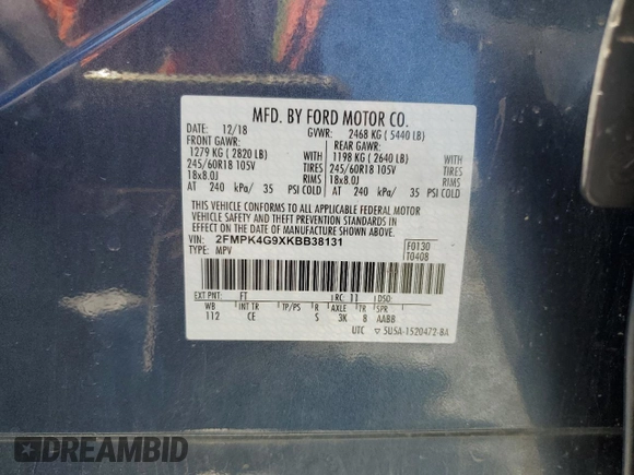 2019 Ford Edge SE with VIN 2FMPK4G9XKBB38131, listed as a Copart auction lot 58235805 with 44,194 mi miles and Salvage title. Bid and sale history available at DreamBid. Image 13.