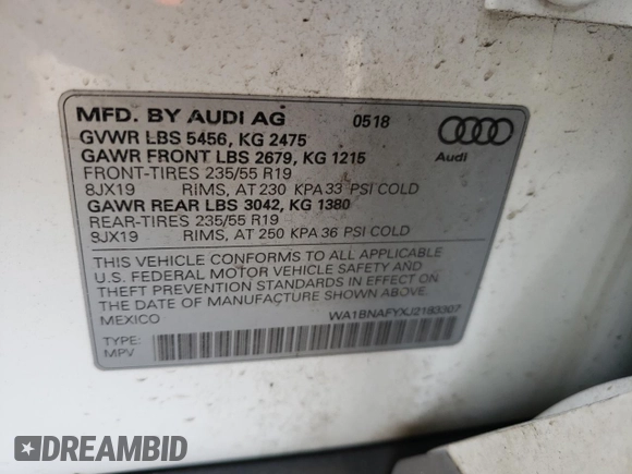 2018 Audi Q5 Premium Plus with VIN WA1BNAFYXJ2183307, listed as a Copart auction lot 48328035 with 0 mi miles and Salvage Title. Bid and sale history available at carsss.com. Image 15.