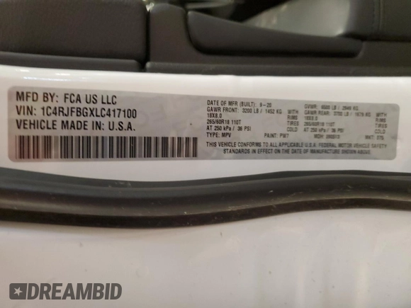 2020 Jeep Grand Cherokee Limited with VIN 1C4RJFBGXLC417100, listed as a Copart auction lot 62061775 with 105,832 mi miles and Salvage title. Bid and sale history available at DreamBid. Image 13.